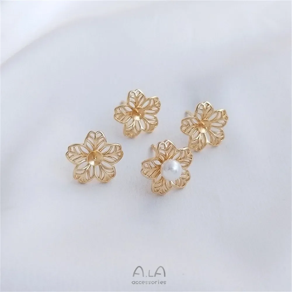 14K Gold Pearl Earring Diy Half-hole Earring 925 Silver Needle Flower-shaped Earring E178