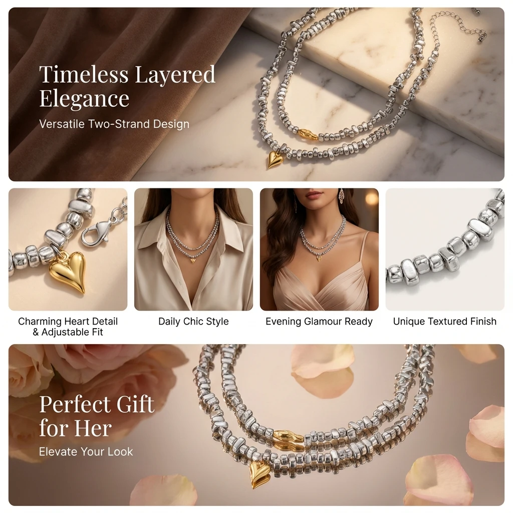 Romantische Goldfarbene Herz-Anhänger-Halskette für Frauen Unregelmäßige Silberfarbene Perlen Schlüsselbein-Kette Choker Ästhetischer Schmuck Geschenk – Detail 3