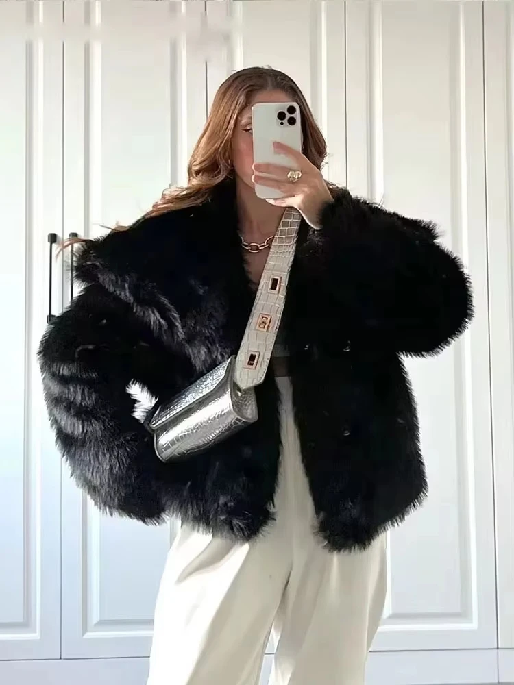 HH, chaqueta de piel sintética a la moda para mujer, abrigo Vintage de manga larga con cuello vuelto, ropa de calle elegante para Otoño e Invierno