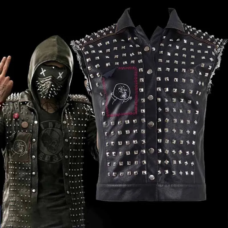 Game Watch Dogs Black leather Vest Cosplay Costumes Halloween Carnival Party Outfit For Man