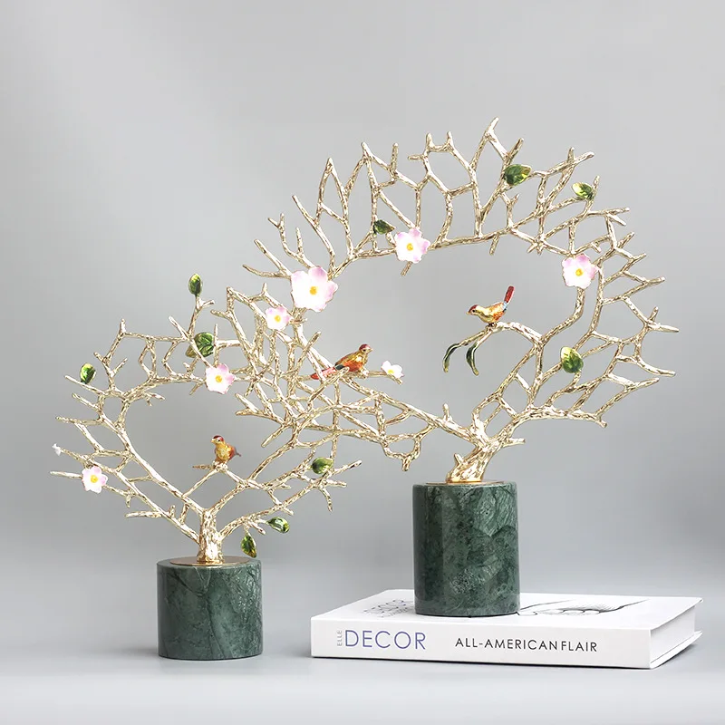 

Metal Tree Simulated Plant Crystal Base Marble Grain Enamel Color Handmade Ornaments Golden Hollow Sculpture Figurine