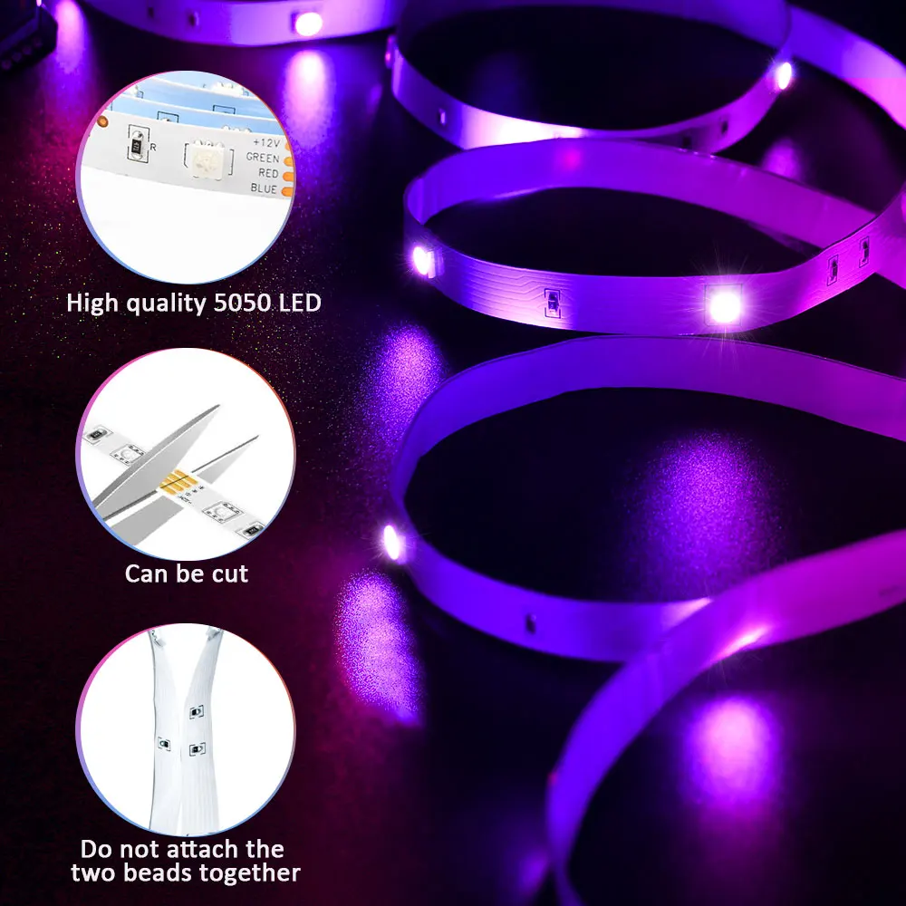 (EU Plug) LED Strip Light RGB 5050 Music Sync Color Changing  Sensitive Built-in Mic, App LED Lights DC12V Flexible