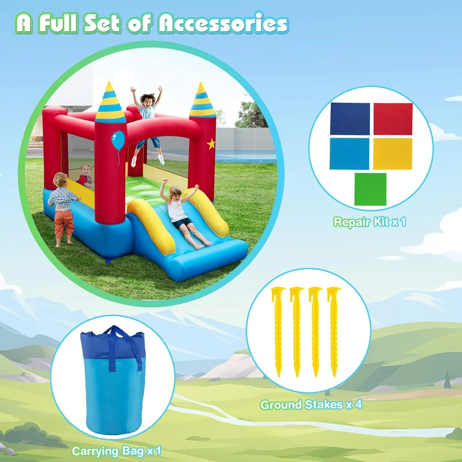 Inflatable Bounce House, Jumping Castle with Slide, Oxford Carrying Bag, Basketball Rim, Air Bouncer for Kids Indoor Outdoor Pla