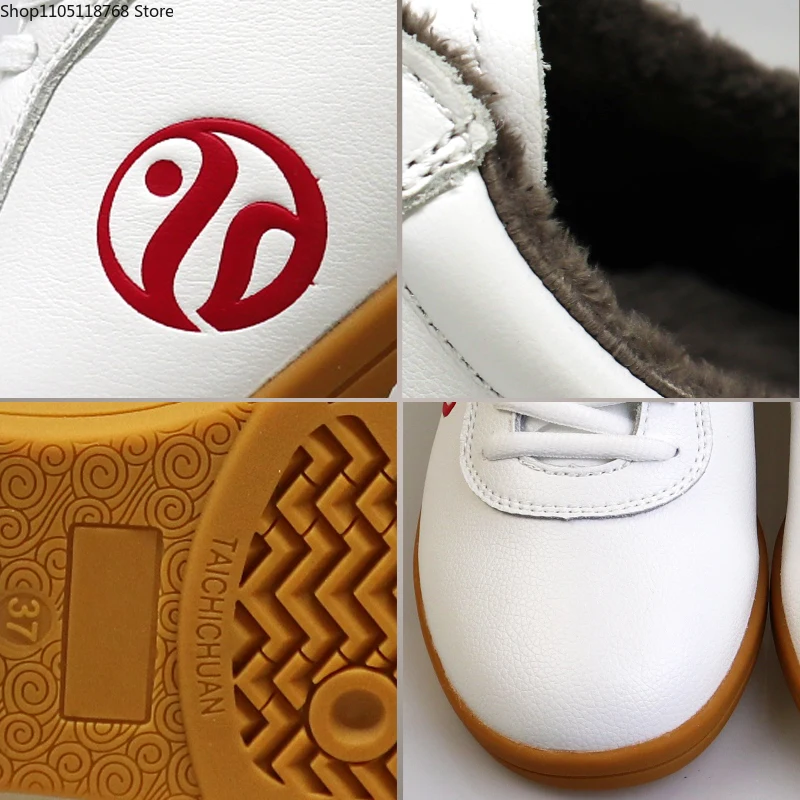 Winter Genuine Cowhide Leather Tai Chi Shoes Thickening for Kung Fu Wushu Martial Arts Soft Flexible Sole