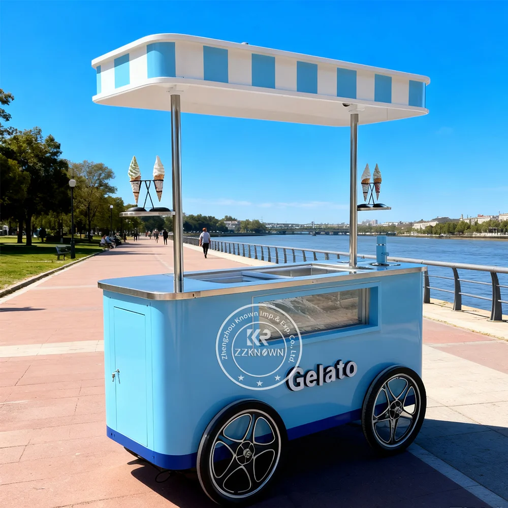 

Mobile Ice Cream Selling Trolley Freezing Refrigerator Custom Large Selection Hand Pushing Cart Food Cart with Refrigerator