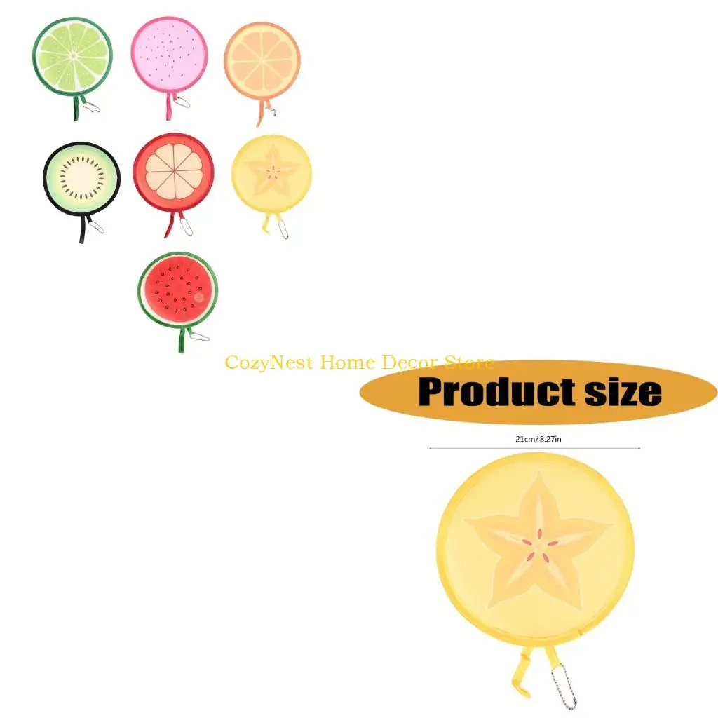 92MF Indoor Home Display Hand Fan with Fruit Print, Round Folding Form, Fabric Panel, Hanging Cord, and Daily Home Use