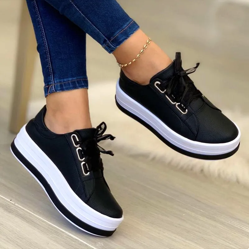 Comemore Lace Up Platform Shoes Women Gold Silver Flats Women Leather Thick Bottom Sneakers Zapatos De Mujer Woman Plus Size 43