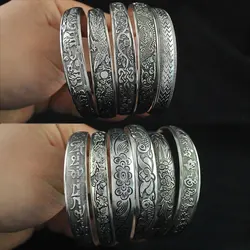 New Retro Cuff Bracelets Tibetan Silver Metal Carving Fish Elephant Flower Bangles Vintage Gypsy Jewelry Female Gifts