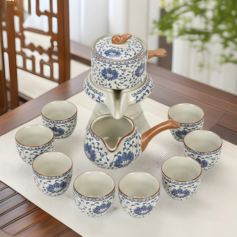 Blue and White Porcelain Ru Kiln Automatic Teaware Sets High-end Kung Fu Tea Set Lazy Stone Mill Teapot for Household