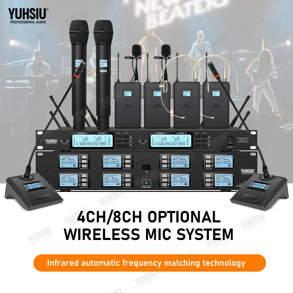 

YUHSIU Professional UHF FM Wireless Microphone 4/8 channels Handheld lavalier Headset Mic For stage performance Band conference