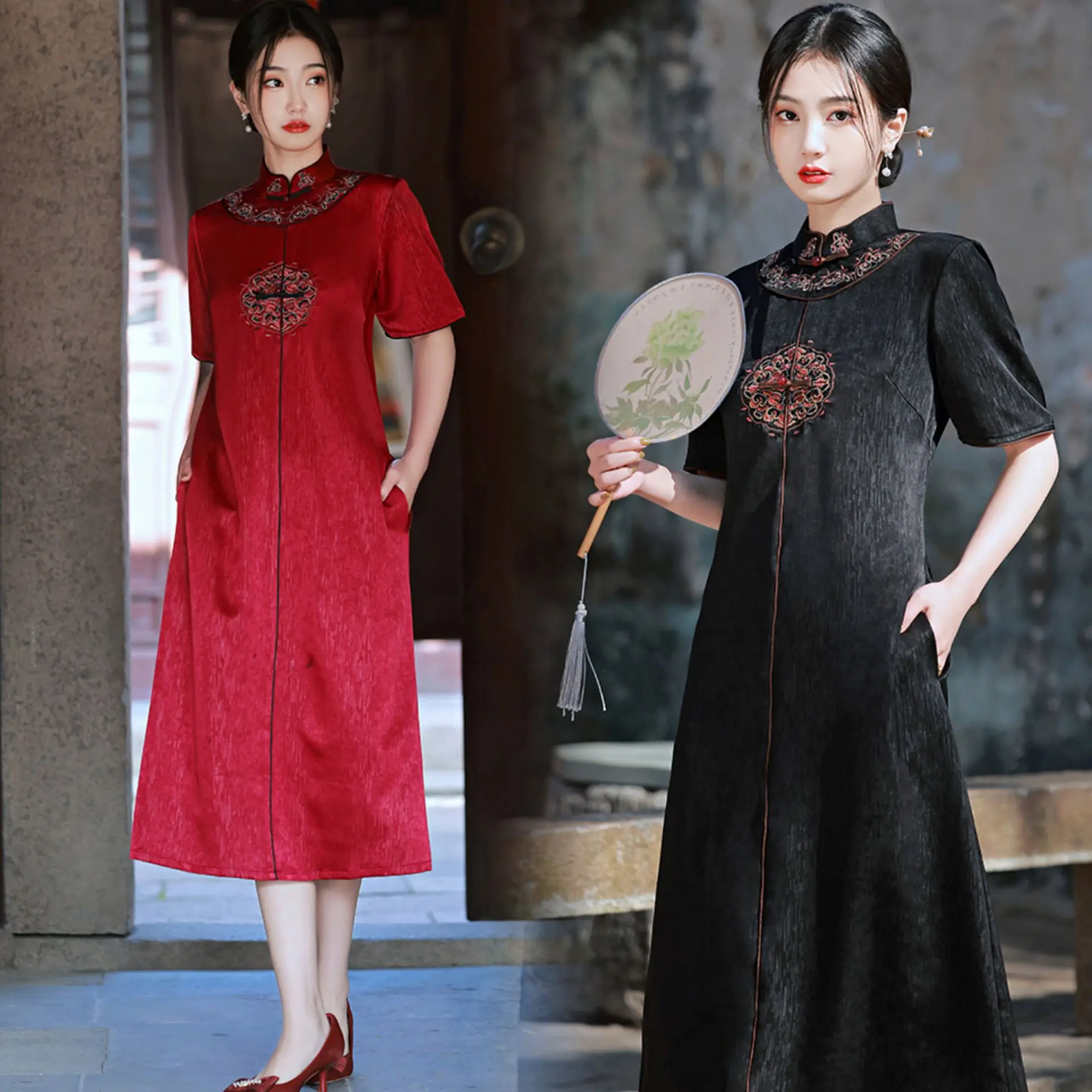 

2023 Spring and Summer New Imitation Silk Medium Length Meat Cove Version Black Black Embroidery Improved Cheongsam Skirt Female