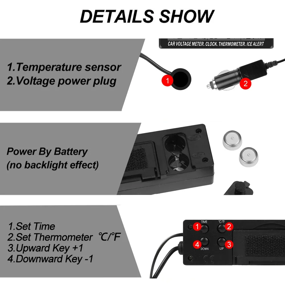 12-24V coche 3 en 1 termómetro Digital interior y exterior pantalla voltímetro de batería de coche y reloj LCD con retroiluminación del Sensor de temperatura