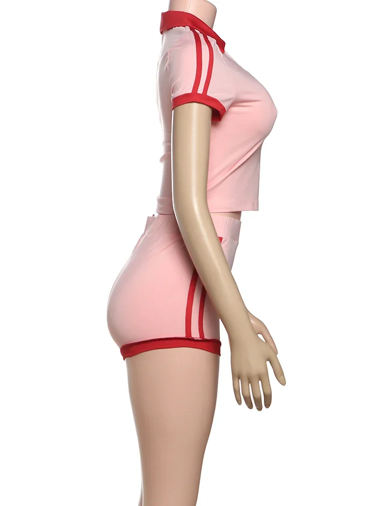 

kliou Women Sporty Matching 2 Piece Set Casual Short Sleeve Lapel Slim T-shirts+Stripe Patchwork Shorts Mujer Summer Tracksuits