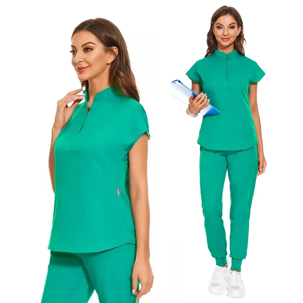 

Beauty Salon Uniform Elastic Breathable Spandex Nurse Accessories Fashion Slim Fit Tops Summer Lab Overalls Scrub Clothes Women