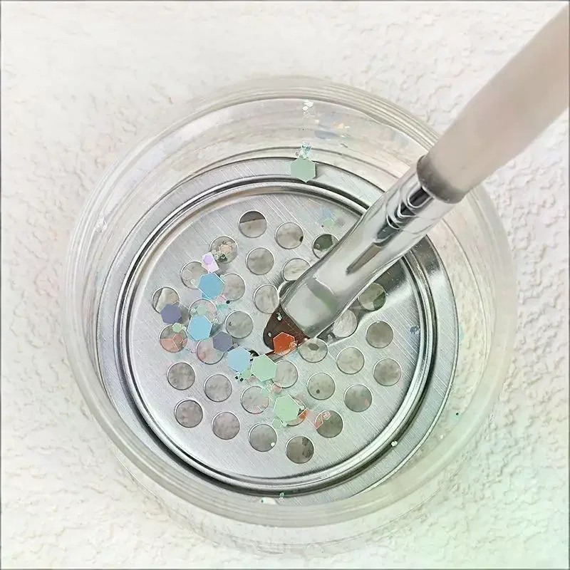 Transparent Glass Nail Brush Cleaner Cup Round With Wood Lid Brushes Washing Cup Stainless Steel Mesh Nail Brush Cleaner