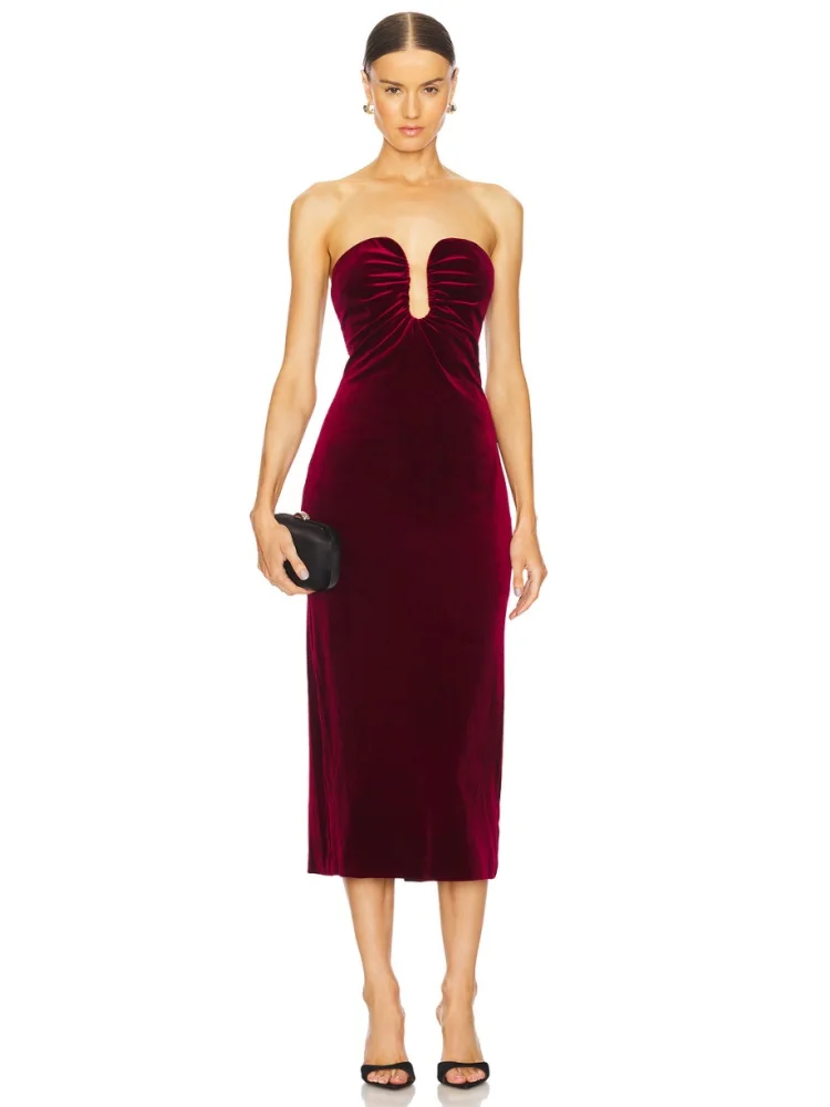 Women Celebrity New Sexy Strapless Burgundy Velvet Gowns Dress Elegant Mid-Calf Evening Party Club Dress