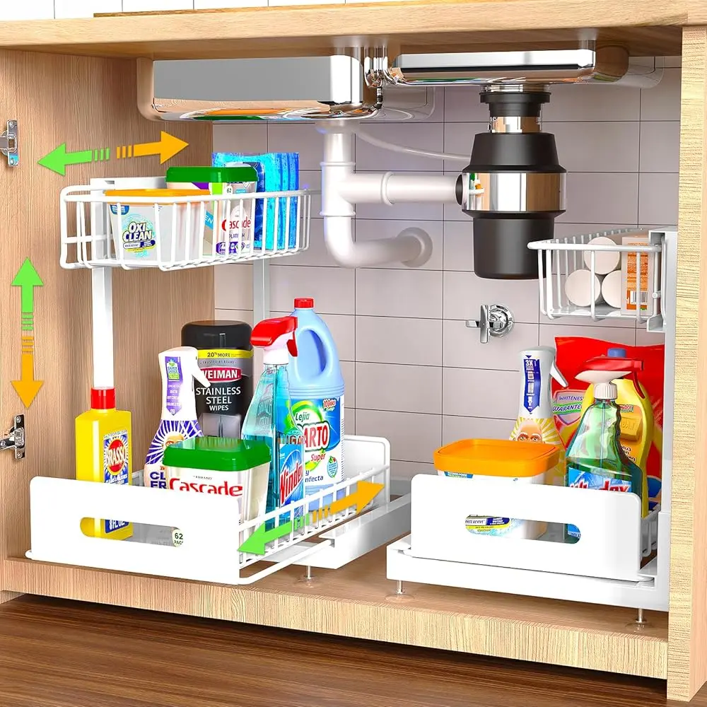 

2 Pa Under Sink Organizer And Storage,Pull Out Cabinet Organizer 2 Tier Slide Out Sink Shelf Cabinet Organizer Adjustable Metal