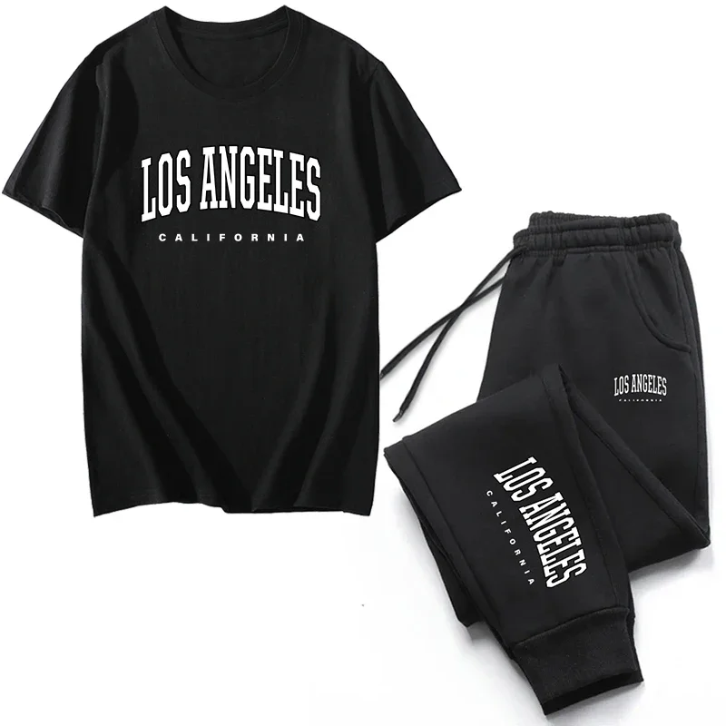 

2025 New Arrival Men Spring Tracksuit Round Neck T-shirt and Black Sweatpants High Quality Los Angels Printed Sportwear 2pcs Set