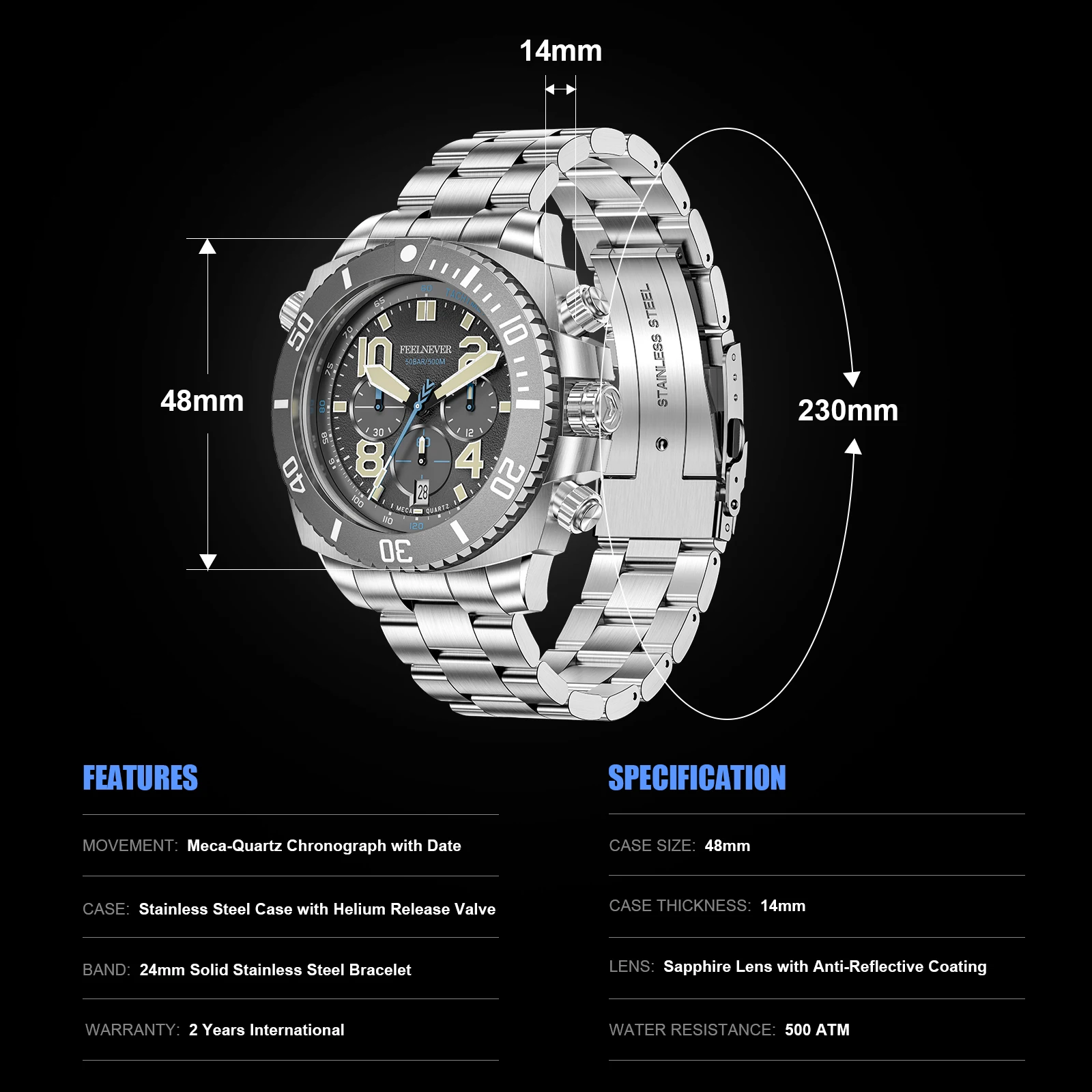 FEELNEVER 50Bar Diving Men Quartz Watch Luxury 316L Stainless Steel Sapphire Waterproof Wristwatch 3C AR Coating Watch For Men