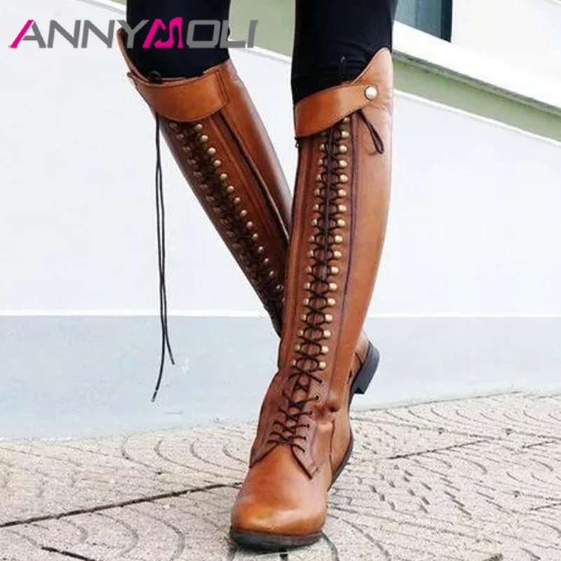 

ANNYMOLI Women Pu Leather Western Boots Knee High Boots Thick Heel Round Toe Zipper Belt Buckel Fashion Winter Autumn Shoes