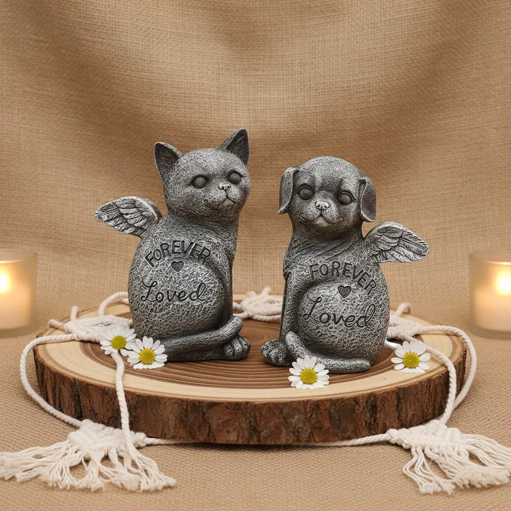 Weatherproof Resin Pet Memorial Statue Winged Stone Finish Small Animal Tombstone Monument Living