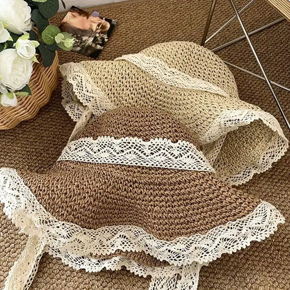 French Style Large Brim Straw Hat Women's Summer New Sunshade Holiday Beach Hat Breathable Face Shaping Lace Trim Hat