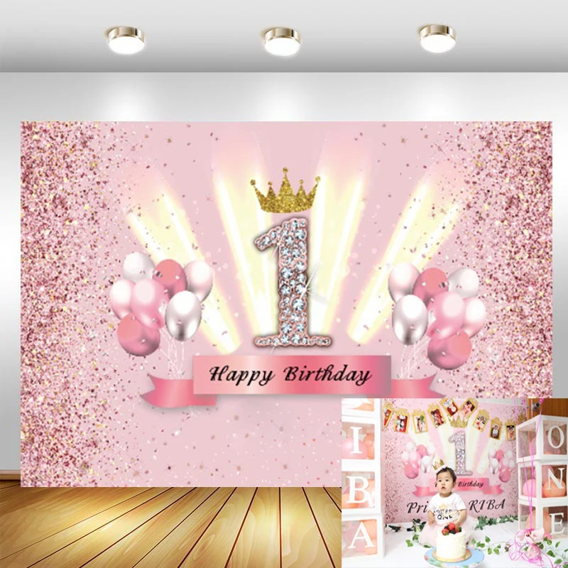 

Pink Sweet 1st Birthday Backdrop Crown Baby Shower Newborn Girls Happy Birthday Party Custom Photo Background Decor Banner