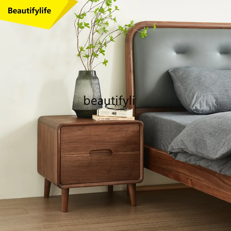 

A57 Simple Modern Bedside Table Nordic All Solid Wood Drawer Locker Black Walnut Log Bedside Cabinet