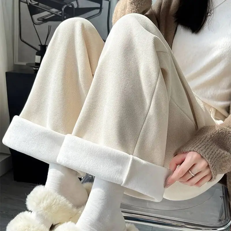 

Winter Solid Color Plus Fleece Straight Pants Women Double Buttons Thicken Warm Corduroy Trousers Casual Comfortable Plush Pant