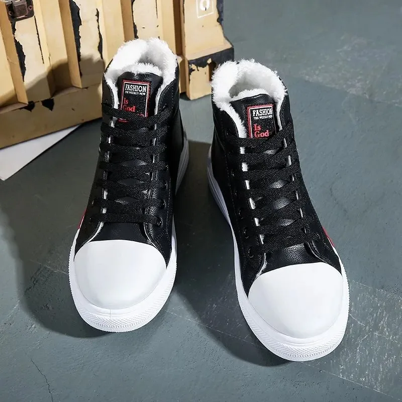 Plush White Shoes For Men Winter High Top Leather Sneakers Male Waterproof Booties Man Teen Boys Fashion Trainer Sports Shoes