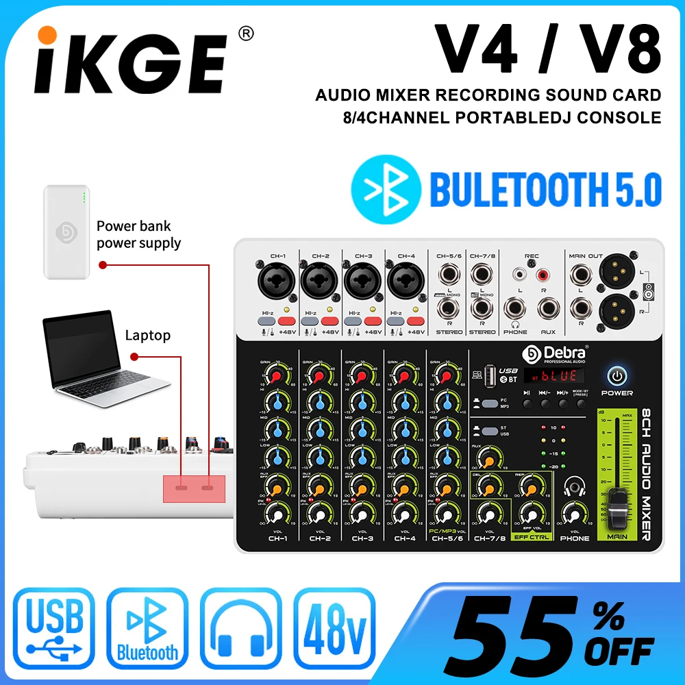 IKGE V8 8-Channel Audio Mixer DJ Console with Bluetooth 5.0 48V Phantom Power Delayed Replay Effects for Karaoke, PC Recording