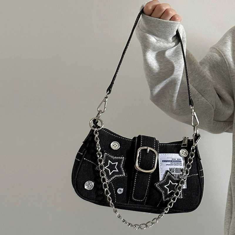 Y2k Fashion Women's Handbags Stars Pattern Cool Girls Underarm Bag Vintage Canvas Female Small Shoulder Bags Chain Tote Purses view 2