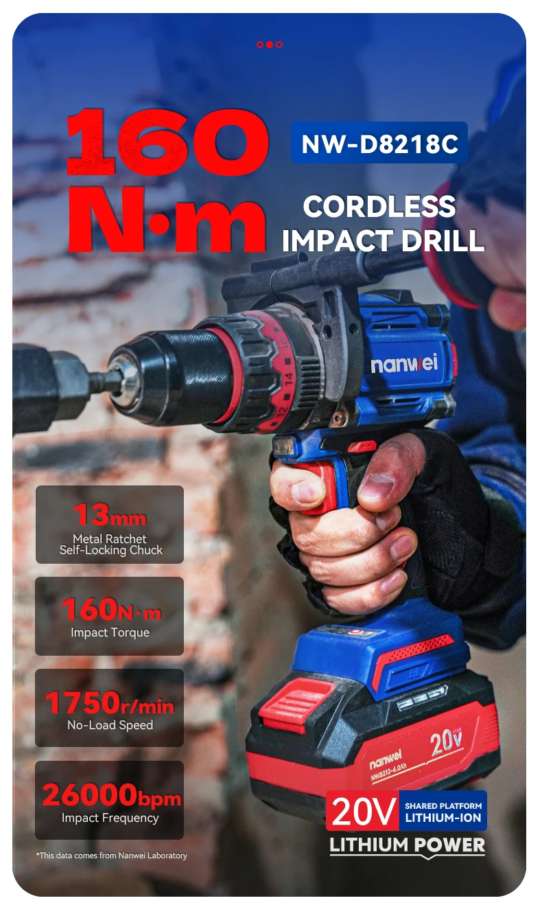 Brushless Cordless Impact Drill NANWEI Cordless 20v 13mm Ice Drill Power Tool 160NM High Torque