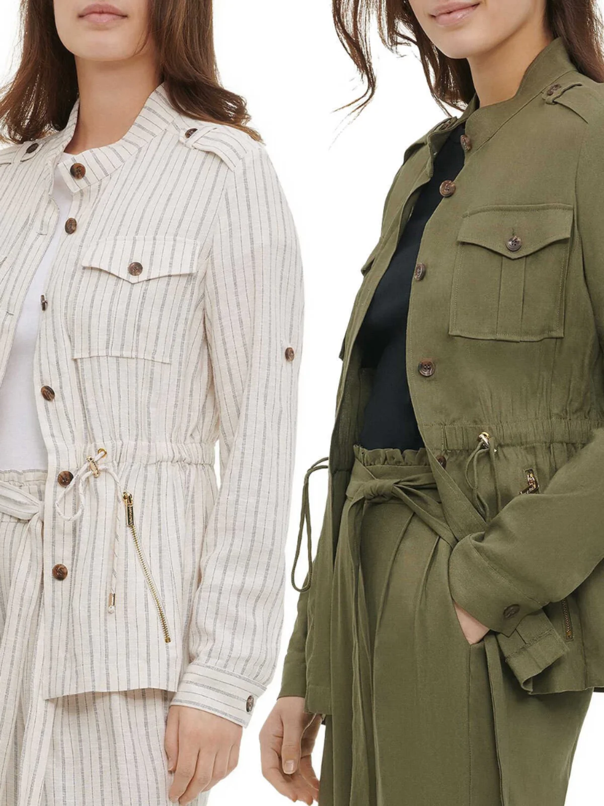 

Женская демисезонная куртка-рубашка из хлопка и льна в рабочем стиле, с воротником-стойкой, присборенной талией, средней длины, однотонная