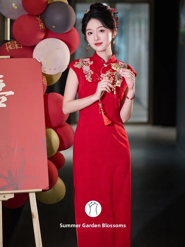 

Red Wedding Dr New Chinese Sle Improved Bride Drinking Ceremony Clothes Long Velvet Dr for Young Women