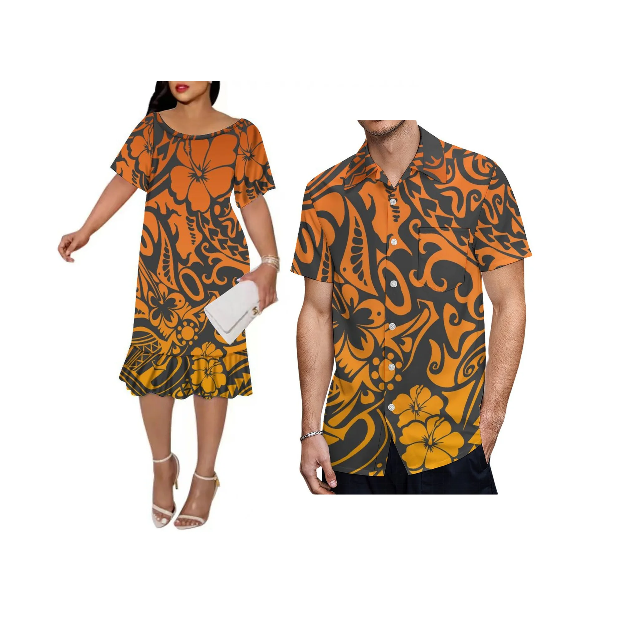 Print On Demand Custom Crew Neck Short Sleeve Casual Pleated Dress Polynesian Fishtail Plus Size Womens Dress 8XL