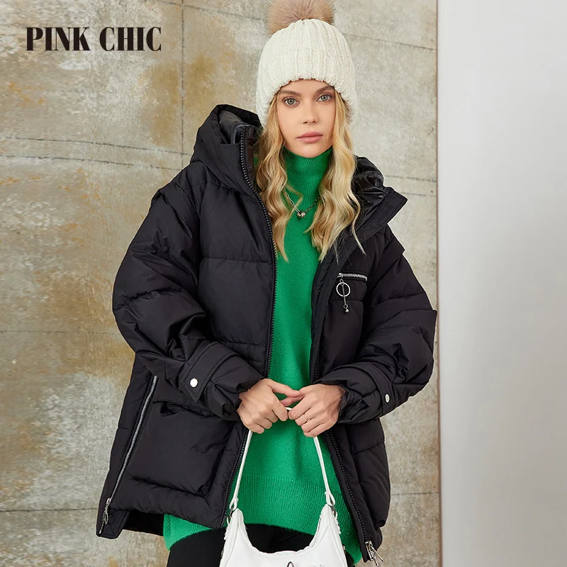 PINK CHIC 2023 New Winter Coat Women Down Jackets High Quality Dark Warm Lace up Hooded short version Parka Female W6651