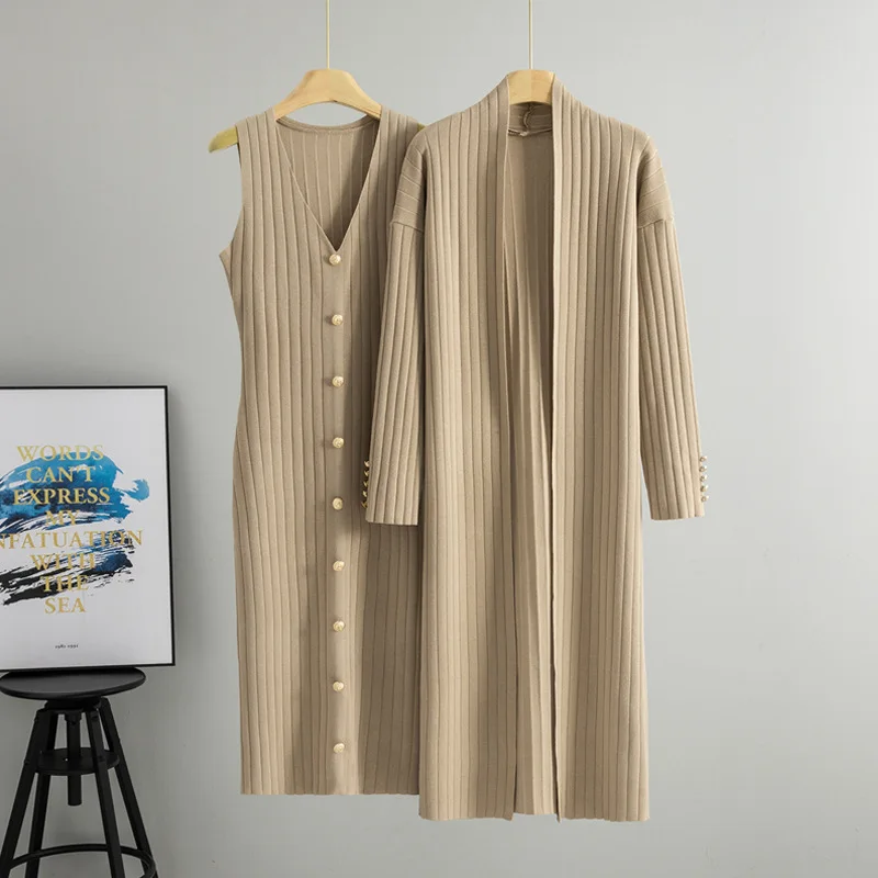 

2 Piece Sets Women Knitted Cardigan Dress Outfits Knitwear Sundress Sweater Coat Suit Knit Vestidos Autumn Winter Office Lady
