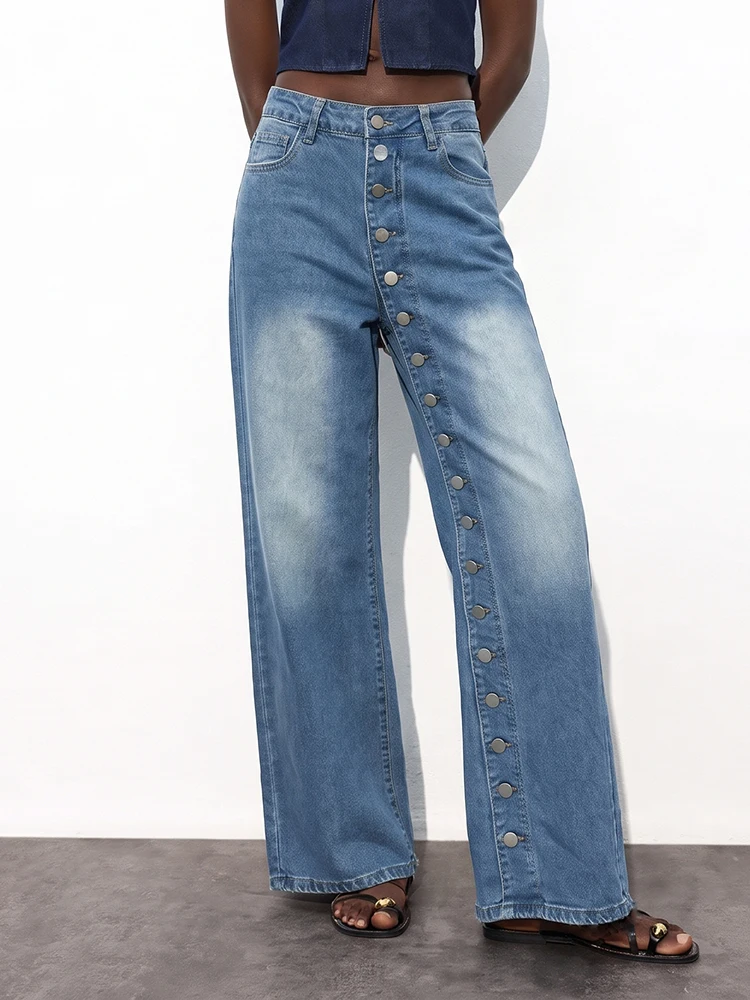 Women's Fashion Straight Leg Jeans European American Style Side Button Wide Leg Denim Pants Casual Loose Long Trousers
