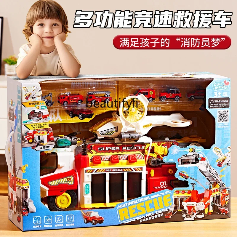 Multifunctional Rescue Fire Truck Toy Light Spray Ejection Track Puzzle Boy