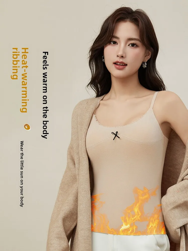 여성용 보온 속옷 탱크탑 가슴 패드 포함 가을 겨울 이너웨어 아우터웨어 통기성 U넥 탄성 섬유