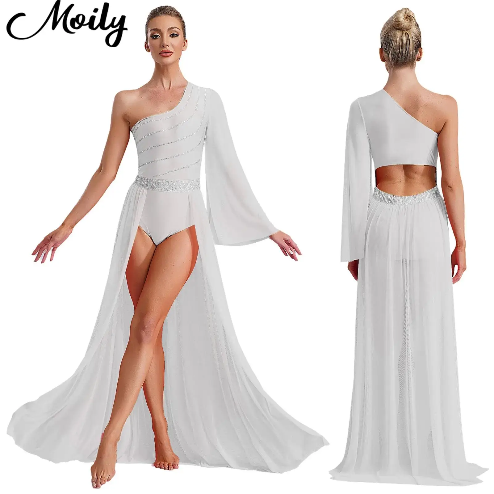 

Womens One Shoulder Lyrical Dance Costume Flared Sleeve Rhinestones Mesh Flowy Split Dress Contemporary Performance Dancewear