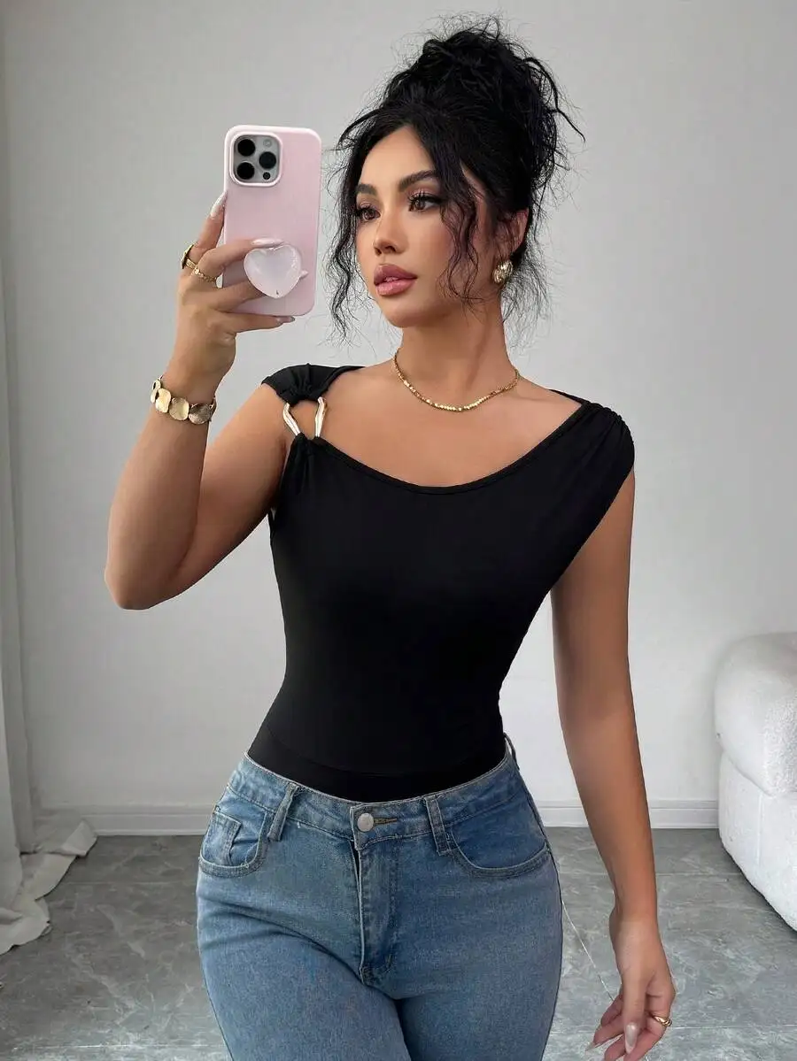 Elenzga Women Elegant Black N Gold Summer Bodysuit,Seksi Chic Party Night Black Sleeveless One Piece With Metal Hook Decor &