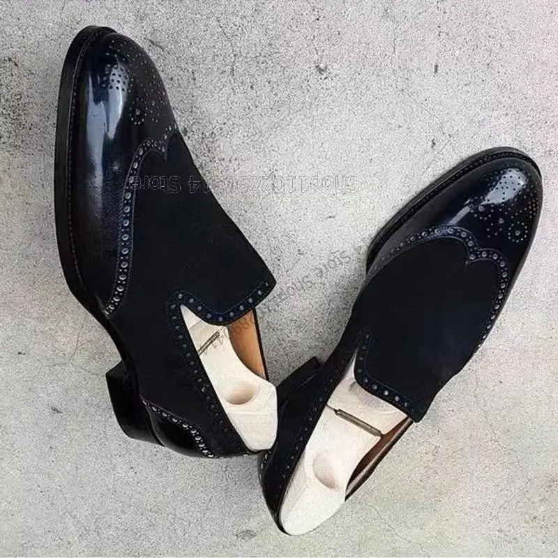 

Black Leather Splicing Flock Patchwork Loafers Fashion Slip On Men Casual Shoes Luxurious Handmade Party Banquet Men Dress Shoes
