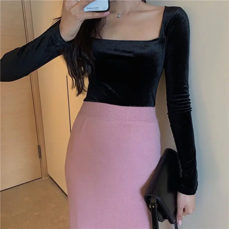 Women Solid T-shirt Winter New Square Neck Jumpers Long-sleeved Gold Velvet T-shirt Ladies Bottoming Shirt Tops Blouses G407