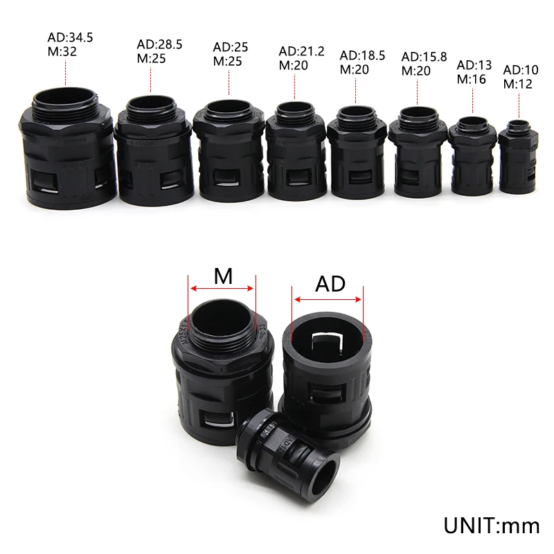 Black Bellows Pipe Joint AD 13/15.8/18.5/21.2/25/28.5/34.5mm Corrugated Tube Nylon Connectors End Fittings Plastic Conduit Gland