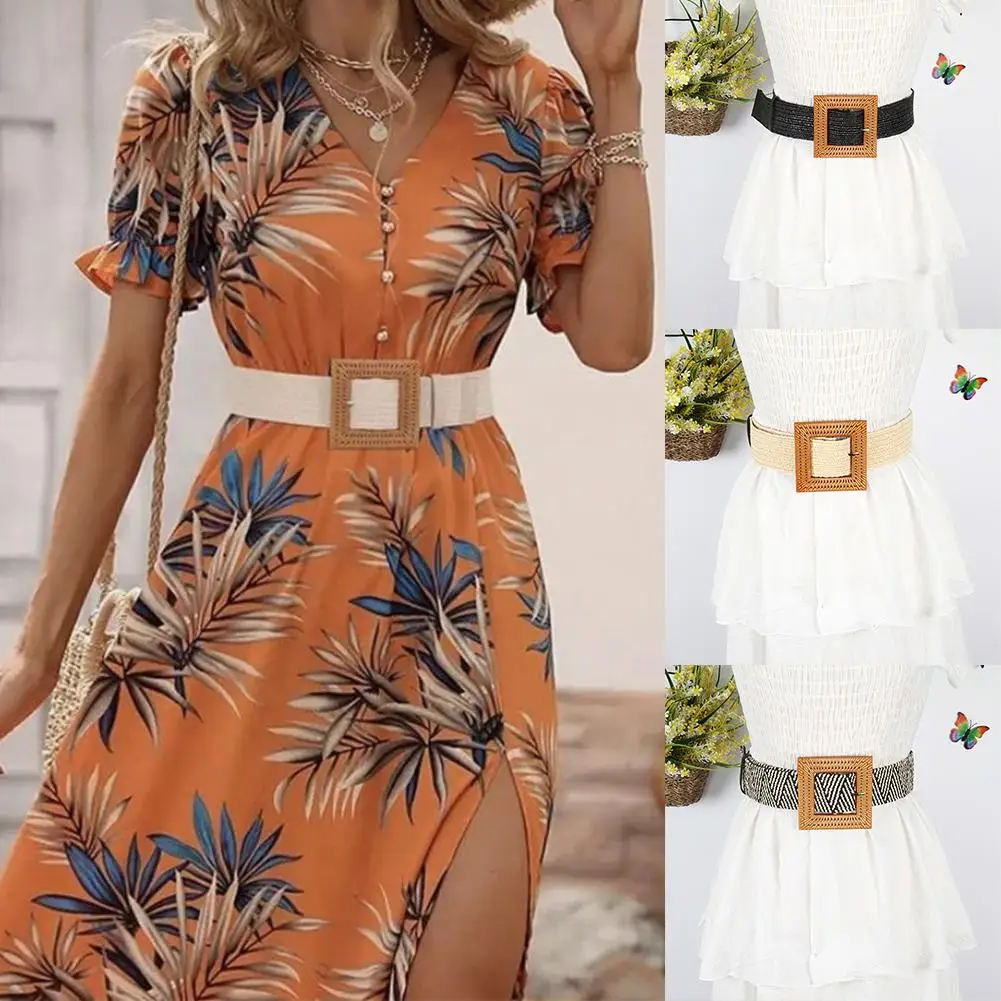 Women Square Wooden Buckle Boho Straw Belt For Daily Decoration Weave Detail Women Belt Girdle For Dress For Summer E1T3