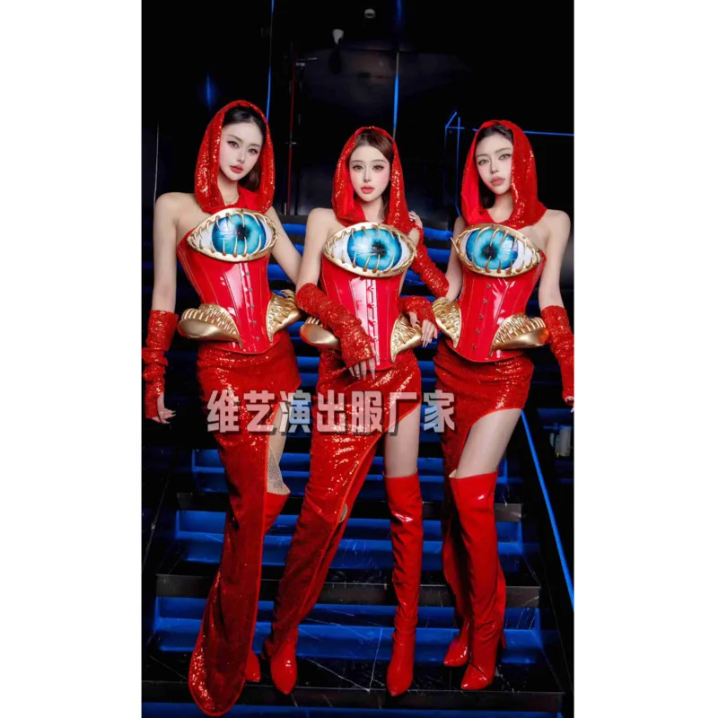 Костюм для выступлений в стиле Fruit Sister Gogo: Красный комплект с пайетками и элементом «Злой глаз», для ведущей танцовщицы в баре/клубе, косплей, предзаказ