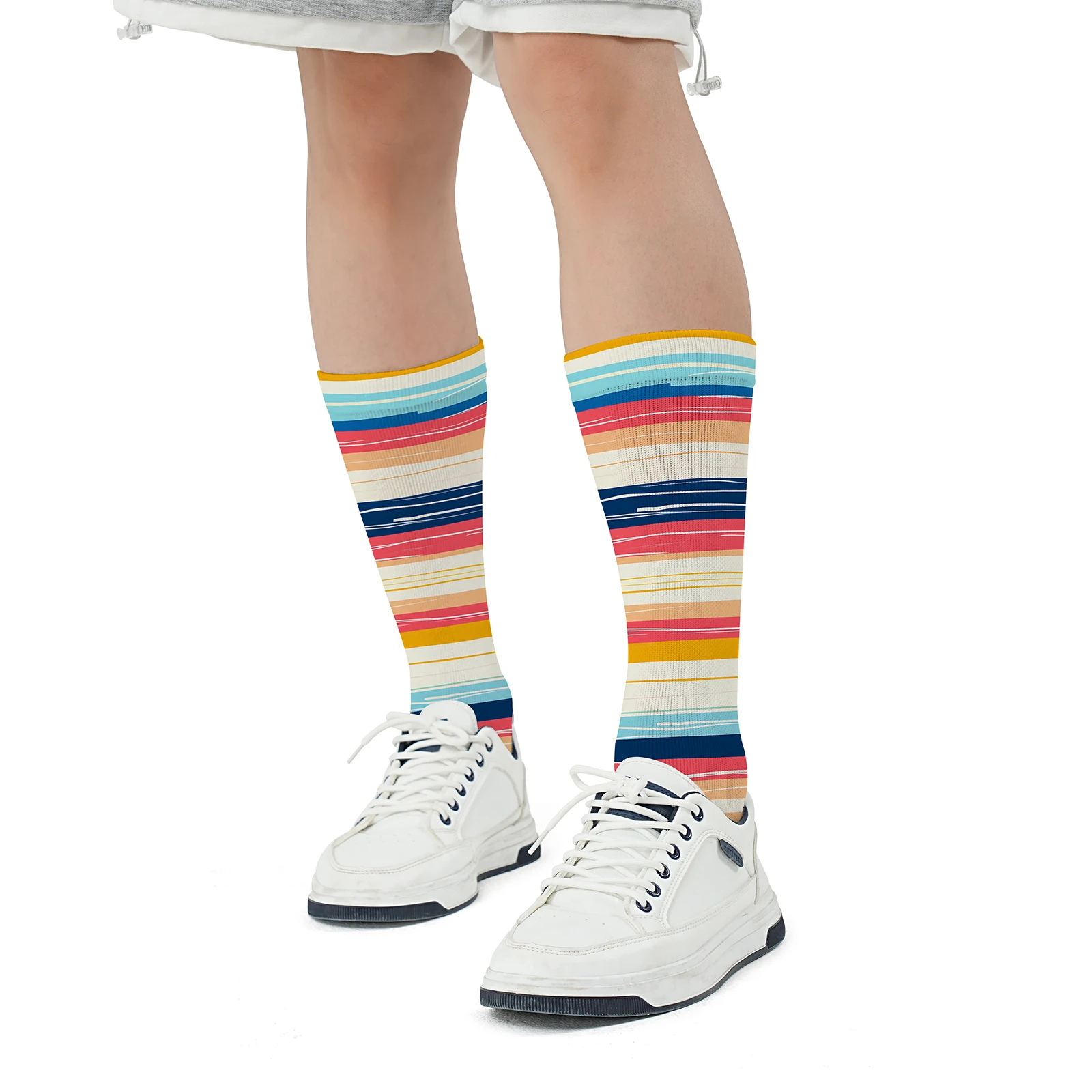 1 pair of colorful hand painted style striped print personality mid-tube sports fashion five-finger socks without distortion