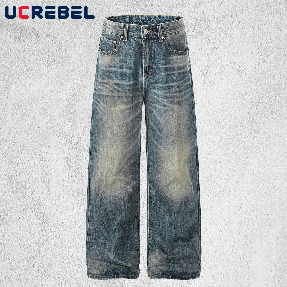 

Retro Wide Leg Jeans Mens Washed Distressed High Street Baggy Straight-leg Denim Pants Man